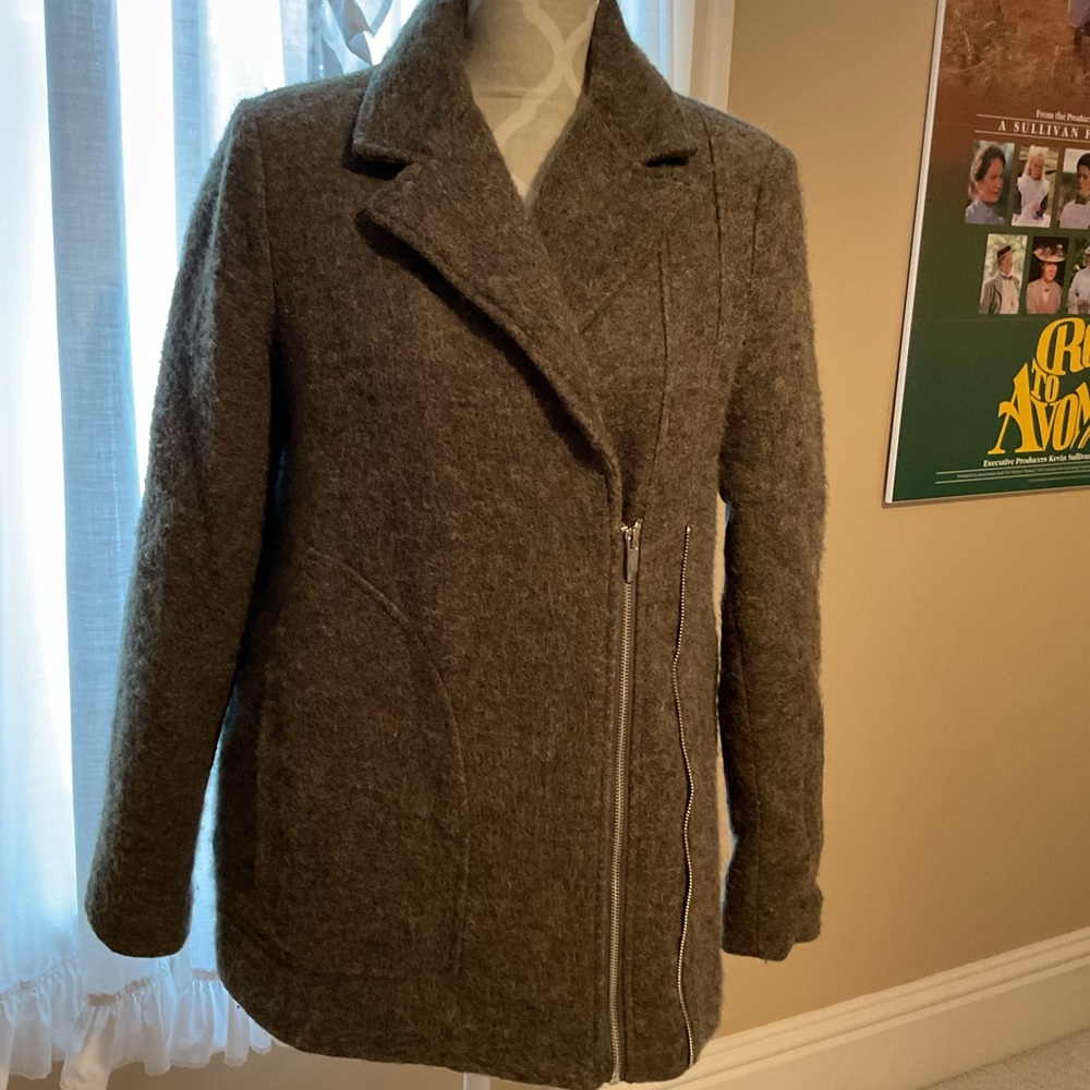 Wool blend Zara asymmetrical zip detail moto jacket.